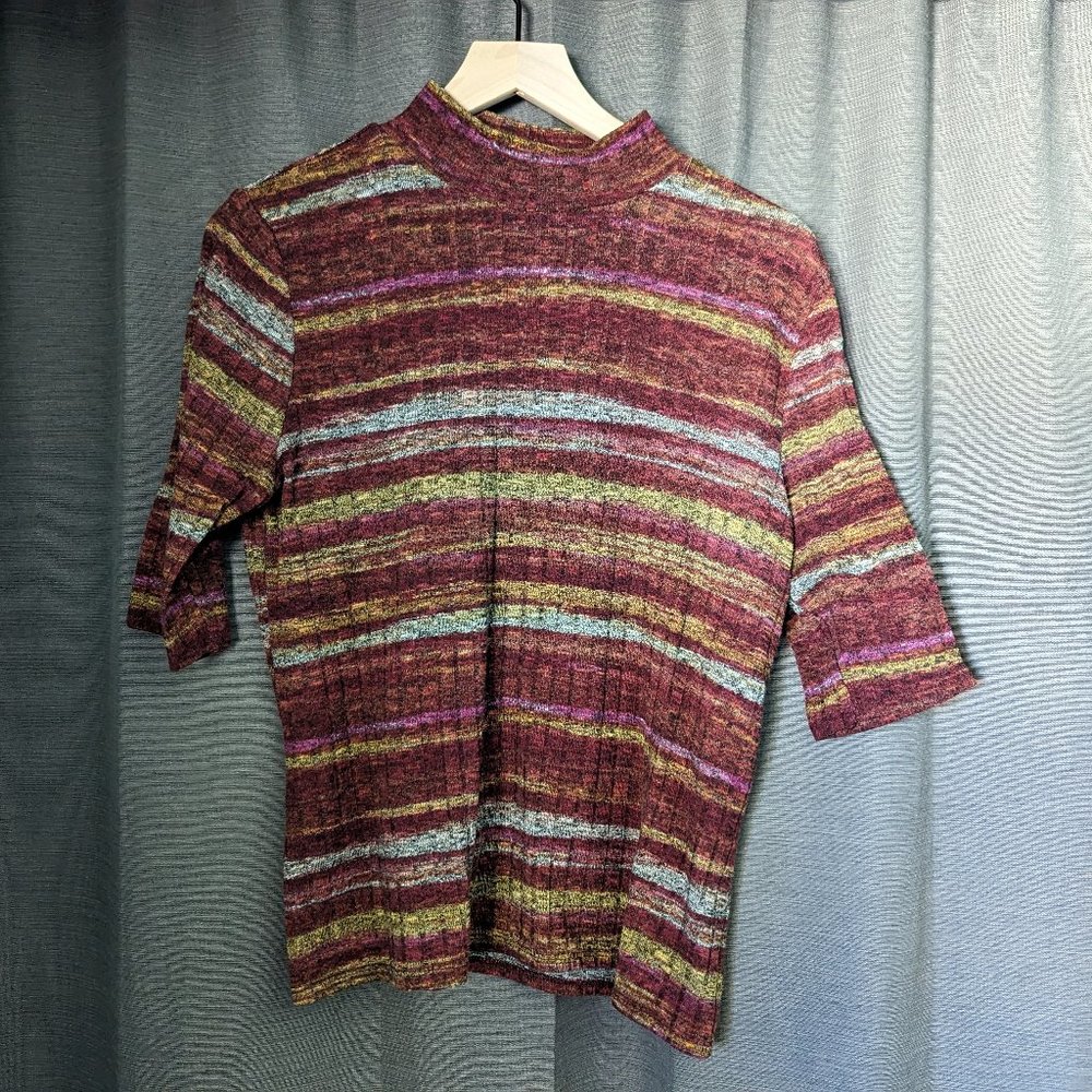 Cato Size L Maroon Striped Knit Stretch 1/2-Sleeve Textured Mock Turtleneck
